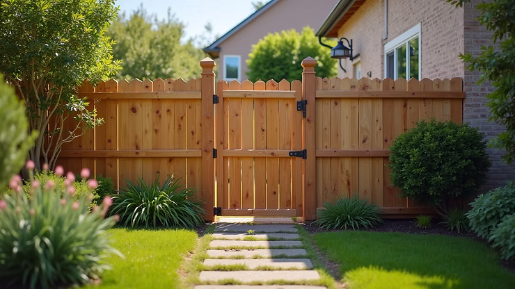 Eye-level view of a backyard showcasing a completed wooden fence with an ornate gate