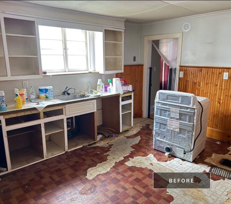 Before kitchen remodel in Bucks County PA showing damaged flooring, outdated cabinets, and worn layout prior to renovation by RPK Construction